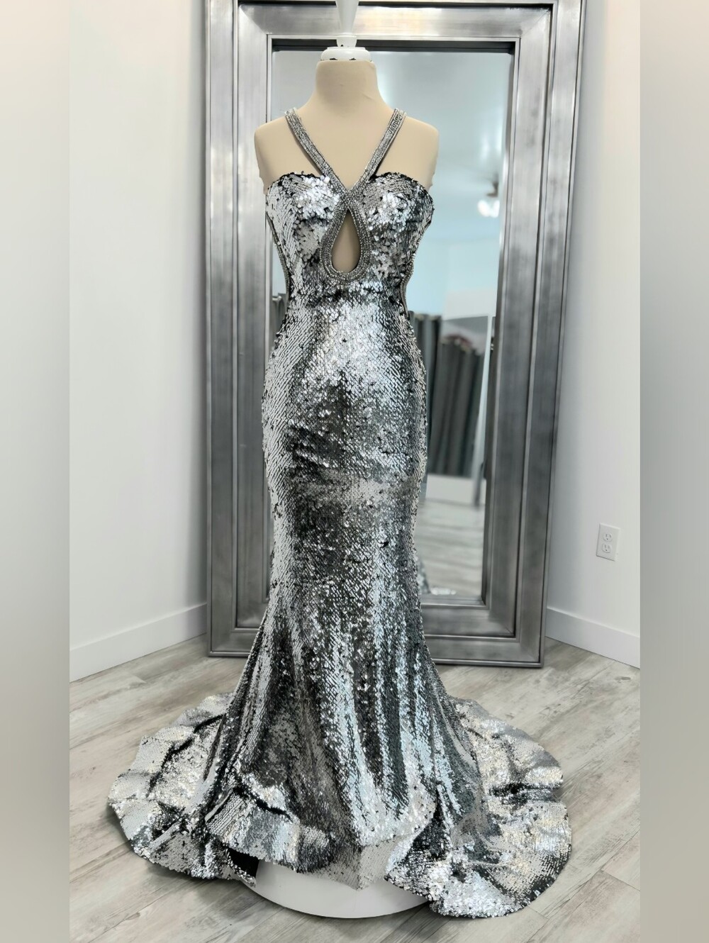 Clarisse 811254 Silver Sequin Cross-Strap Prom Gown
